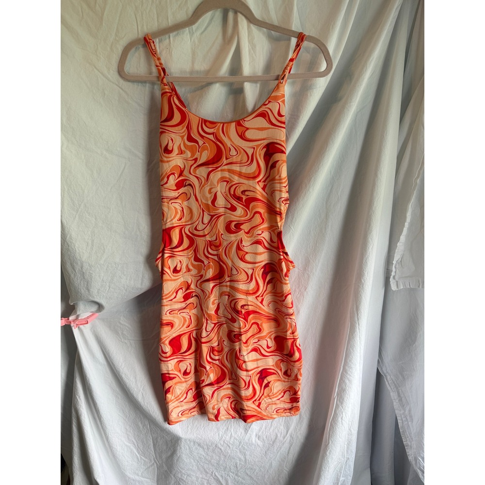 Love Nation Orange Red‎ Psychedelic Swirl Cut Out Mini Dress XL Womens Retro 70s